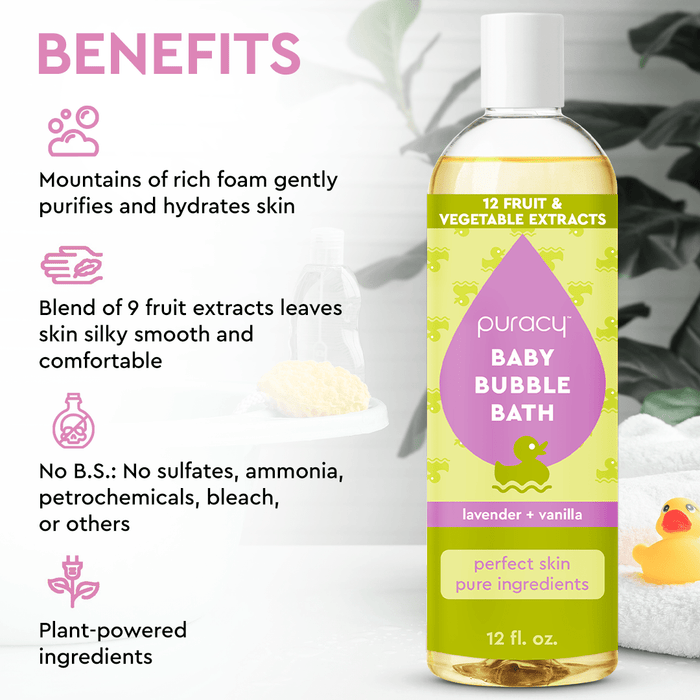 The Baby Bubble Bath (Hypoallergenic) bottle, made with vegan ingredients, features its advantages on a soft background. Perfect for sensitive skin, this gentle bubble soap offers a soothing and safe bathing experience for your little one. #common #scent_lavender-vanilla standard_#size