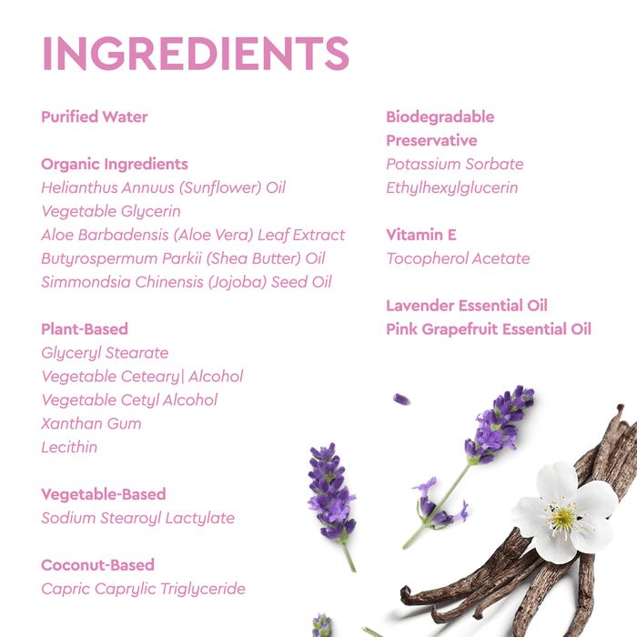 List of hypoallergenic vegan ingredients with flowers and vanilla pods at the bottom for Baby Bubble Bath. #common #scent_lavender-vanilla