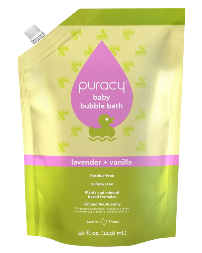 The Baby Bubble Bath (Hypoallergenic) pouch is perfect for sensitive skin, offering a soothing lavender vanilla scent. This 40 fl. oz. vegan formula comes in a charming package with a duck illustration, providing gentle and delightful bubble soap for your little one's bath time.