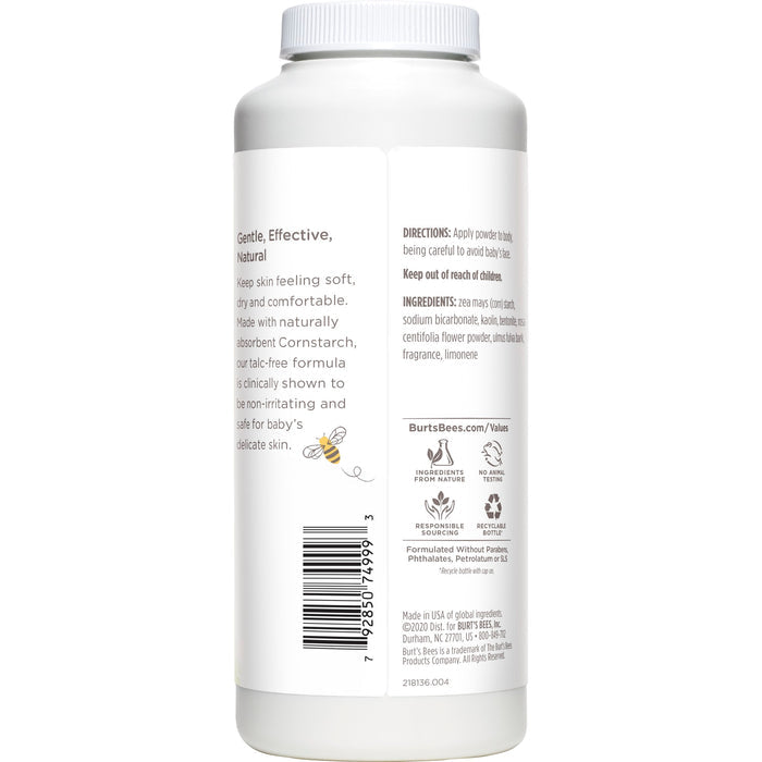The Burts Bees Baby™ Dusting Powder comes in a white bottle with a label that features usage directions, an ingredient list, and certification icons. This talc-free, hypoallergenic powder is designed for delicate skin with a barcode on the side.