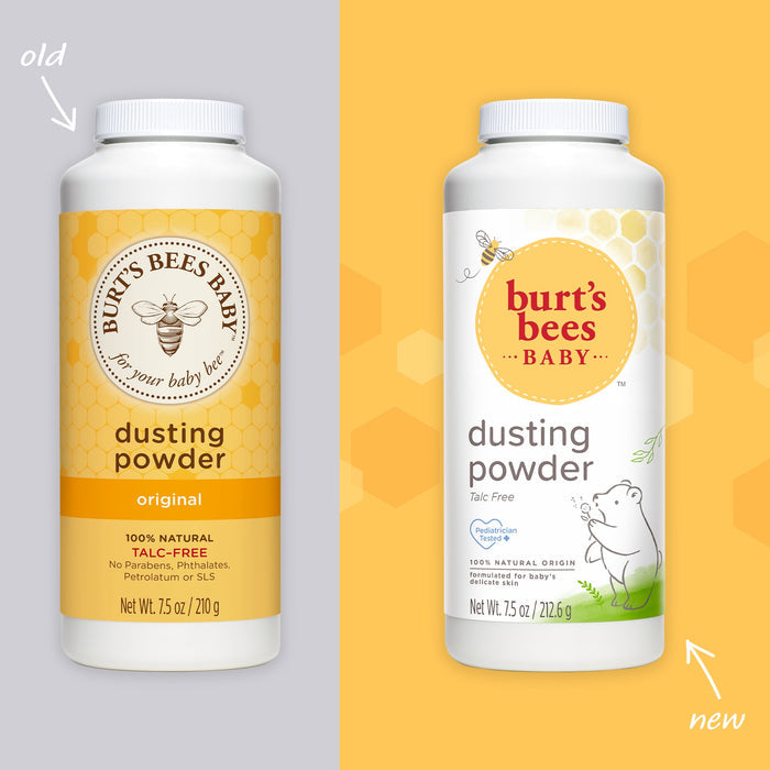 Two bottles of talc-free Burts Bees Baby™ Dusting Powder are shown. The left, labeled old, features a yellow and white design, while the new right bottle has a cleaner look with a cute bear illustration. Both hypoallergenic powders protect against diaper rash.