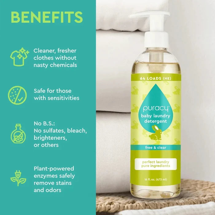 The Baby Laundry Detergent, enhanced with plant-based enzymes, rests on a pile of towels. Its hypoallergenic features are highlighted against a teal background. #common #size_standard unscented_#size