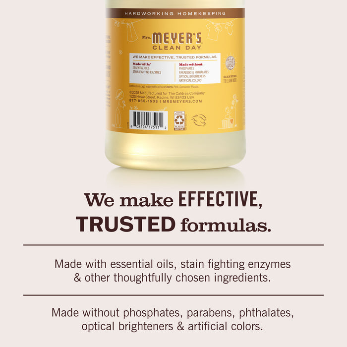 A bottle of Mrs. Meyer's Baby Laundry Detergent appears above text stating: "We make EFFECTIVE, TRUSTED formulas with details about natural ingredients and no harmful chemicals—including our gentle Baby Laundry Detergent, perfect for caring for your little one’s laundry.