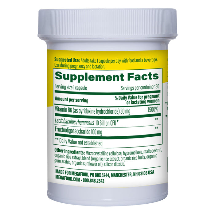 MegaFood Baby & Me 2 - Prenatal Probiotic Plus Prebiotic features a white bottle with a green and yellow label, listing Vitamin B6, Lactobacillus rhamnosus, and Fructooligosaccharide for prenatal immune support—one capsule daily.