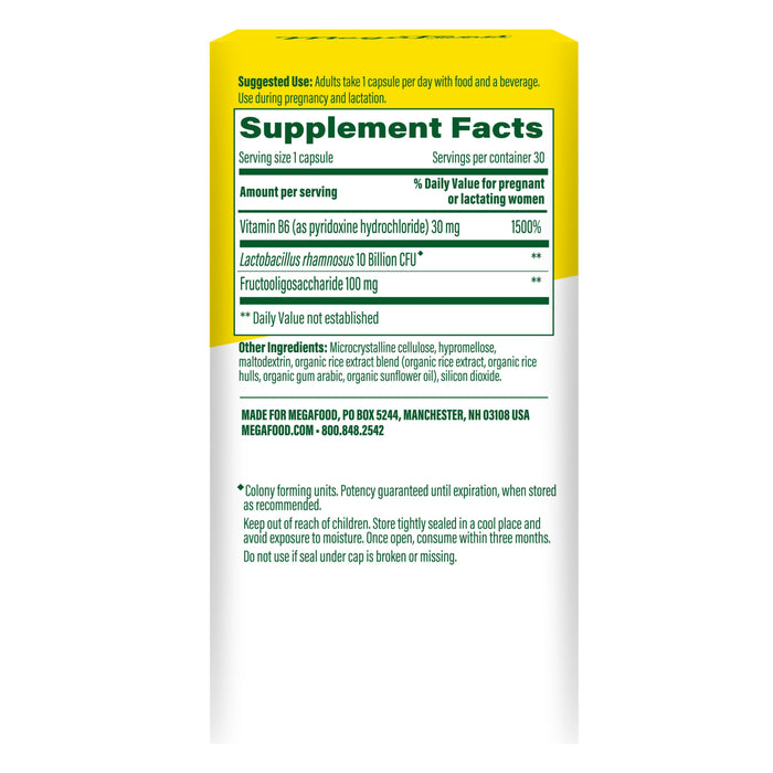 The Baby & Me 2 - Prenatal Probiotic Plus Prebiotic label by MegaFood lists directions, supplement facts, ingredients, manufacturer details, and a warning to keep out of reach of children. Key ingredients support immunity and may help relieve morning sickness.