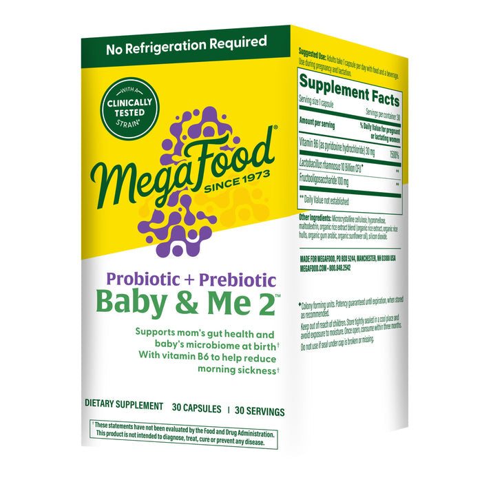 Box of MegaFood Baby & Me 2 - Prenatal Probiotic Plus Prebiotic with a green, yellow, and purple label, supporting mom and babys microbiome health, immune function, vitamin B6 benefits, and morning sickness relief.
