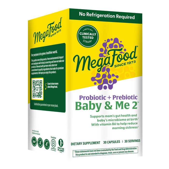 A box of MegaFood Baby & Me 2 - Prenatal Probiotic Plus Prebiotic includes 30 capsules. The yellow and green packaging highlights immune support for moms and babies, plus vitamin B6 to help relieve morning sickness.