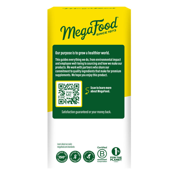 The back of a MegaFood Baby & Me 2 - Prenatal Probiotic Plus Prebiotic box features its purpose, a QR code for info, satisfaction guarantee, eco-certification icons, and green-yellow design detailing prenatal probiotic and prebiotic benefits.