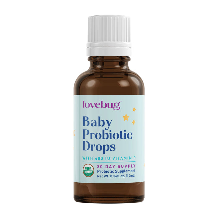 Lovebug Baby Probiotic Drops - Organic in a small bottle with yellow stars and white cap offers 400 IU Vitamin D for digestive health and immune support. USDA organic, it provides a 30-day supply with a net weight of 0.34 fl oz (10 ml).