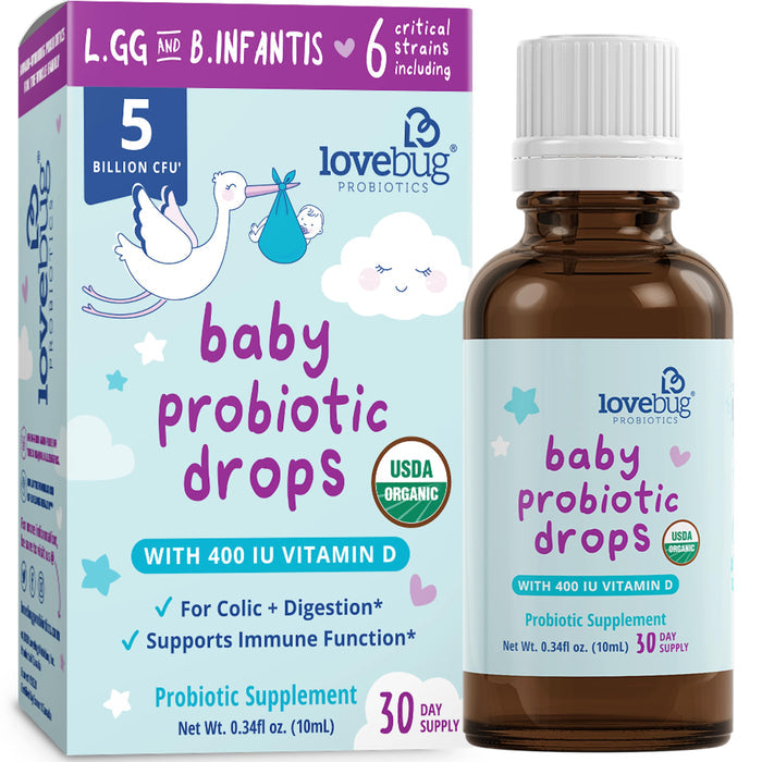 The Lovebug Baby Probiotic Drops - Organic come in pastel packaging with a stork design. They contain 6 essential strains, provide 5 billion CFU, and include 400 IU Vitamin D to aid colic relief, support digestion, and strengthen your little ones immune system.