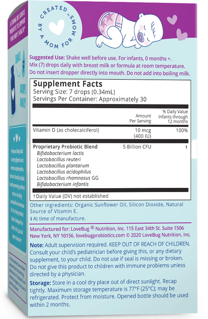 The image features a Lovebug Baby Probiotic Drops box for infants, highlighting a unique probiotic blend to support digestive health and immunity. The blue-themed packaging with a cartoon baby includes Supplement Facts, usage instructions, and storage precautions.