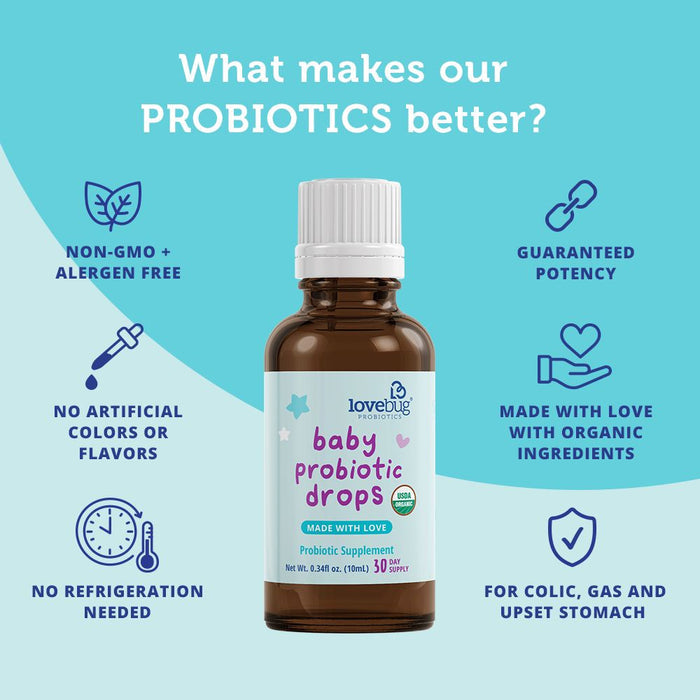 Image of Lovebugs Baby Probiotic Drops - Organic. Key benefits: non-GMO, allergen-free, free from artificial colors/flavors, no refrigeration required, guaranteed potency with organic ingredients. Supports the immune system and helps colic, gas, and upset stomach.
