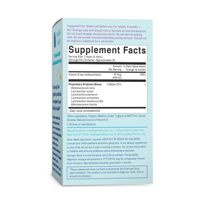 Image of a light blue box with black text for Lovebugs Baby Probiotic Drops - Organic, showing the Supplement Facts label. It includes serving size, ingredients like a probiotic blend for immune support, and nutritional details such as Vitamin D and MCT oil.