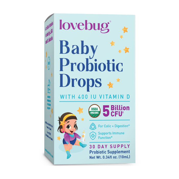 Lovebug Baby Probiotic Drops feature a whimsical design with a playful character, offering 400 IU Vitamin D and 5 Billion CFU. They support immune and digestive health, are USDA Organic certified, and come in a 10 mL size.