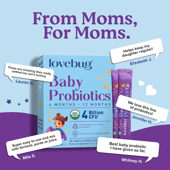 A box of Lovebug Baby Probiotics, 6 to 12 months, is featured alongside two purple stick packs on a purple background, with mom testimonials highlighting its support for immune and digestive health.