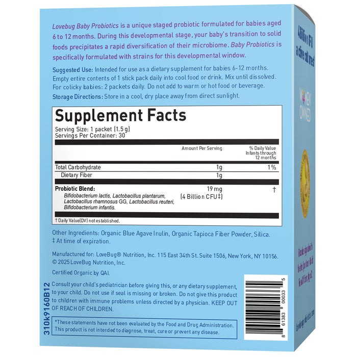 The image shows the packaging of Lovebug Baby Probiotics for ages 6–12 months, featuring supplement facts, ingredients, and directions on a mainly blue box with purple and yellow accents, highlighting digestive health benefits.
