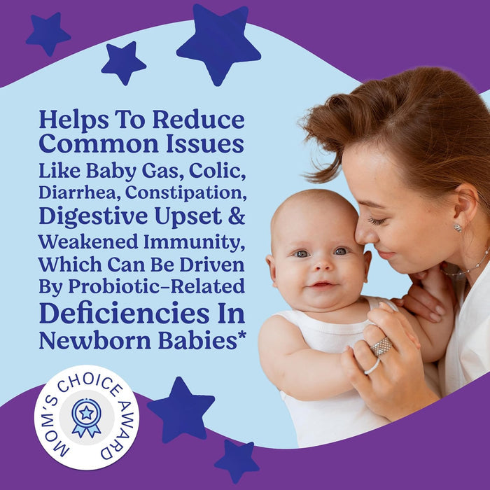 A mom holds her smiling baby as text highlights the benefits of Lovebug Baby Probiotics (6 to 12 months) for reducing gas, colic, and digestive upset, while boosting immunity. The Mom’s Choice Award badge is displayed.