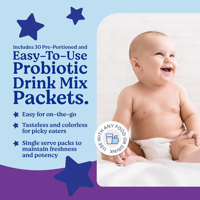 A smiling baby sits on a bed next to text for Lovebug Baby Probiotics (6 to 12 months), featuring easy-to-use, tasteless, single-serve drink mix packets for digestive health. Blue stars decorate the design.