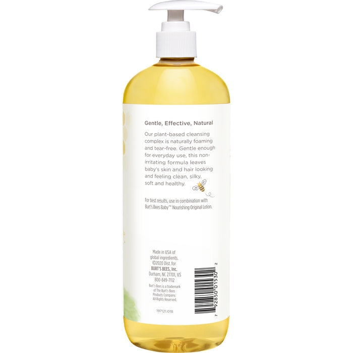 A tall, clear bottle with a white pump holds the yellow Burts Bees Baby™ Shampoo and Wash, labeled Gentle, Effective, Natural. This USA-made product features natural ingredients and a tear-free formula ideal for delicate hair and skin.