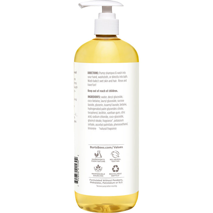 Burts Bees Baby™ Shampoo and Wash comes in a clear bottle with a white pump filled with yellow liquid. Its label includes usage instructions and natural ingredients, while the logo emphasizes sustainability and assures that the gentle, tear-free formula is safe for babies.