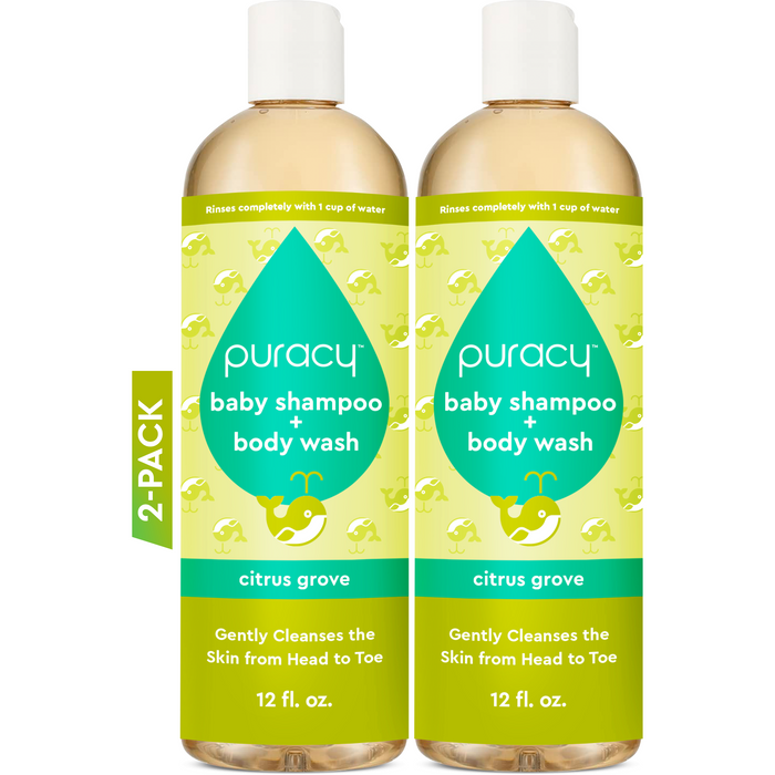 Two bottles of Baby Shampoo & Body Wash (Tear-Free), ideal for sensitive skin and formulated with plant-derived ingredients in a refreshing citrus grove scent. Each 12 fl oz bottle is conveniently packaged in a 2-pack. #common #scent_citrus-grove standard-pack-of-2_#size