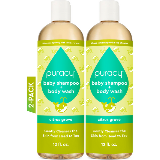 Two bottles of Baby Shampoo & Body Wash (Tear-Free), ideal for sensitive skin and formulated with plant-derived ingredients in a refreshing citrus grove scent. Each 12 fl oz bottle is conveniently packaged in a 2-pack. #common #scent_citrus-grove standard-pack-of-2_#size