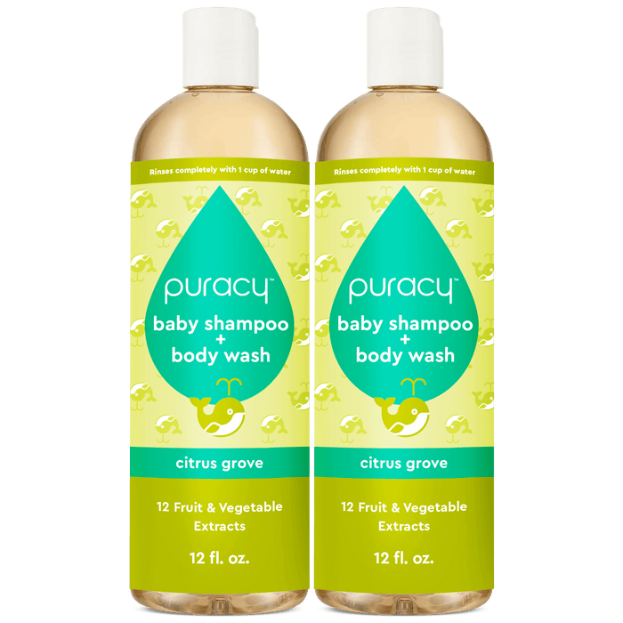 Two bottles of Baby Shampoo & Body Wash (Tear-Free) by Puracy, made with plant-derived ingredients suitable for sensitive skin and featuring a refreshing citrus grove scent, 12 fl. oz each.