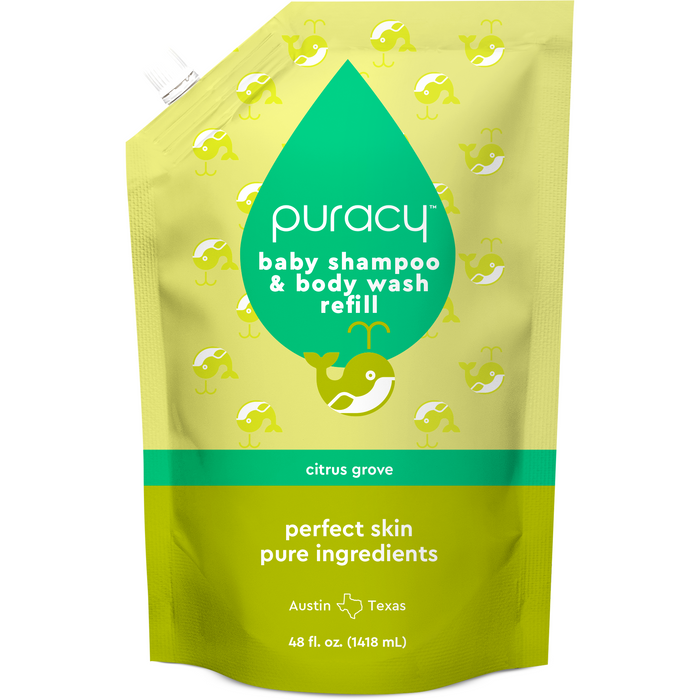 Puracy Baby Shampoo & Body Wash (Tear-Free) refill pouch, specially formulated for sensitive skin with plant-derived ingredients, features a citrus grove scent and contains 48 fl. oz.