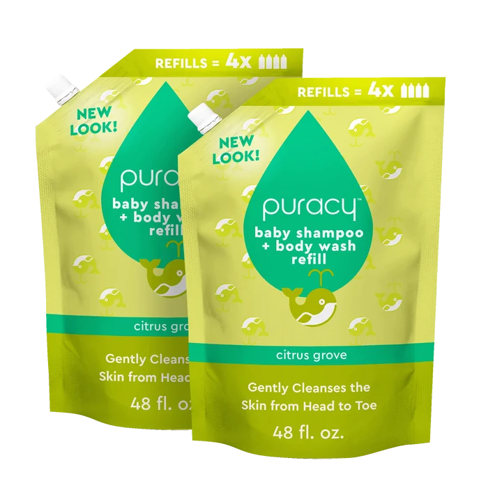 Two pouches of Baby Shampoo & Body Wash (Tear-Free) by Puracy, designed for sensitive skin with a refreshing citrus grove scent. Made from plant-derived ingredients, it's the perfect choice for a gentle baby bath experience.