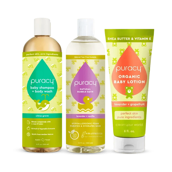 The Baby Starter Bundle includes three bottles of Puracy baby care products: a gentle tear-free shampoo & body wash, a soothing bubble bath, and organic baby lotion.