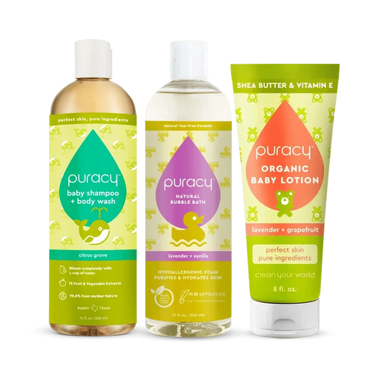 The Baby Starter Bundle includes three bottles of Puracy baby care products: a gentle tear-free shampoo & body wash, a soothing bubble bath, and organic baby lotion.