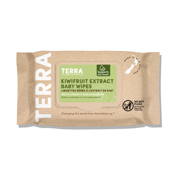 Terra Baby Wipes - Kiwi Fruit, in a brown package with a green label, emphasize vitamin C and antioxidants from natural kiwi. The eco-friendly, New Zealand-made wipes caution against flushing.