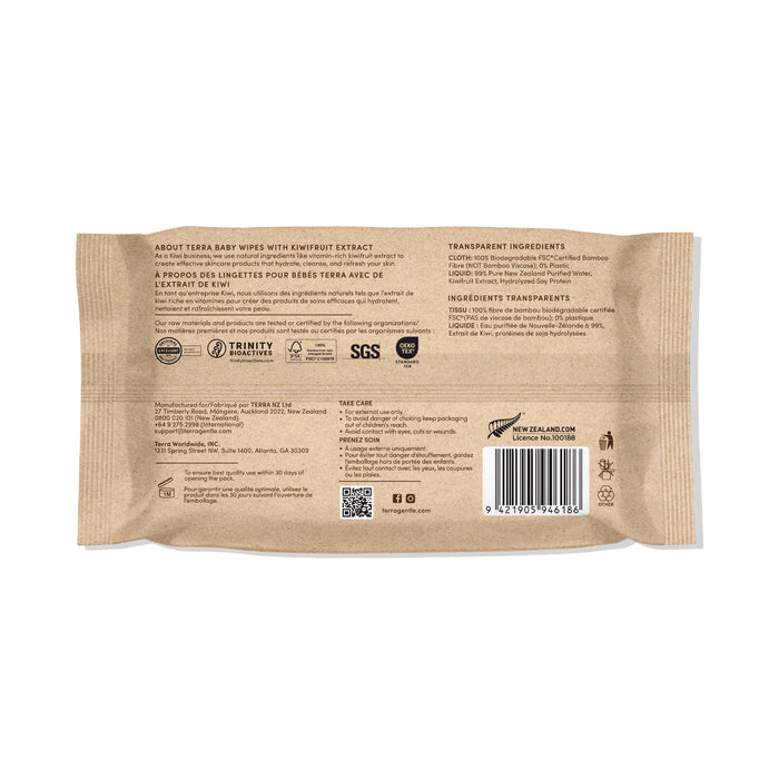 The brown packaging for Terras Baby Wipes - Kiwi Fruit highlights natural moisturizing benefits in English and French, listing kiwifruit extracts as ingredients. The design features logos, a QR code, social media icons, and a recycling symbol.
