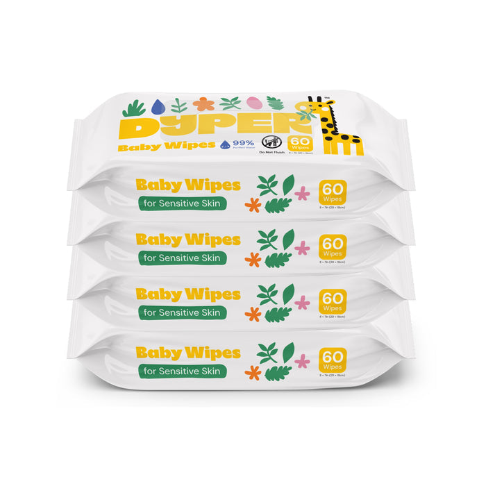 Four DYPER Baby Wipes for Sensitive Skin packs are stacked. Each white pack has colorful floral designs, a giraffe illustration, and holds 60 hypoallergenic wipes, labeled "Baby Wipes for Sensitive Skin.