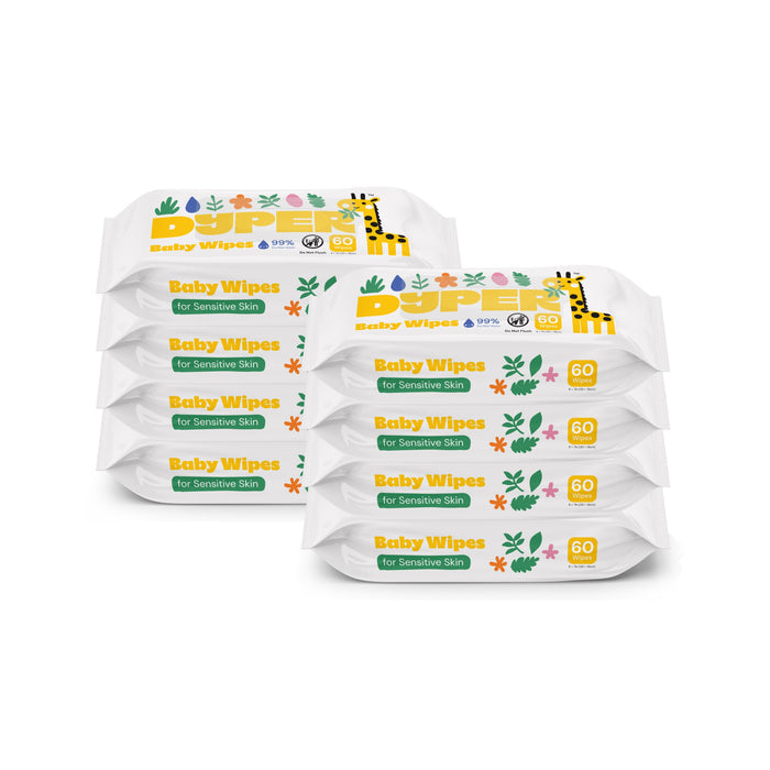 Six packs of DYPER Baby Wipes for Sensitive Skin, 60 wipes per pack, come in white packaging with green labels, colorful designs, and a cartoon giraffe. Hypoallergenic and gentle for babies.