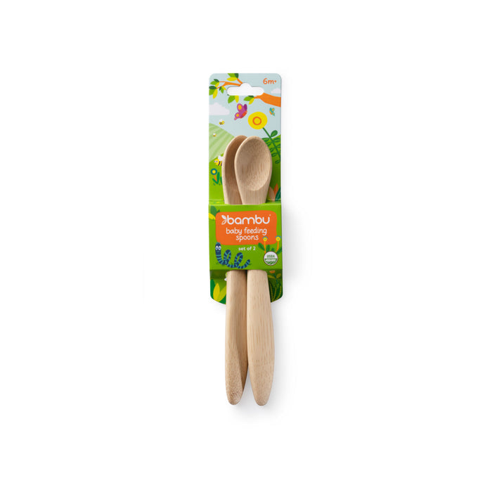 Explore our set of two organic bamboo baby feeding spoons, Babys Feeding Spoons (6M+) by Bambu, featuring vibrant green illustrations and natural wood tones.
