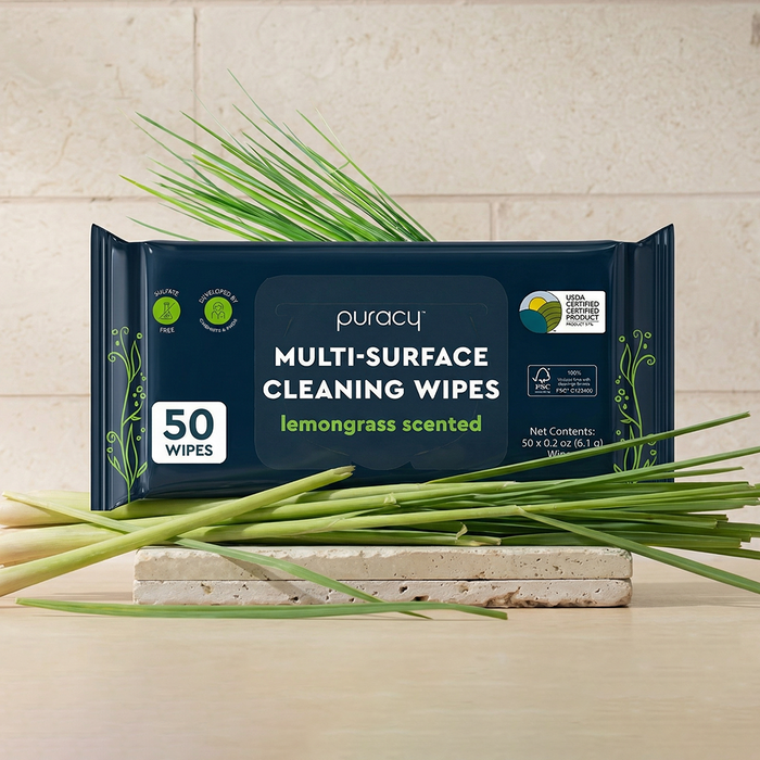 Back to School Reset: Easy Clean Bundle with multi-surface wipes, lemongrass scent, stone backdrop.