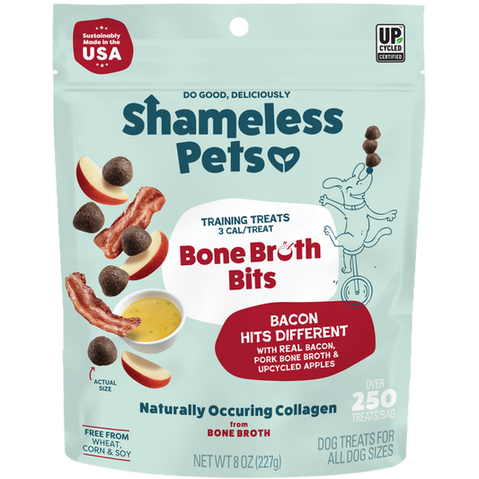 A bag of Shameless Pets Bacon Hits Different Bone Broth Training Treats features bone broth chews and natural collagen, with images of bacon, apples, and broth. Each USA-made bag contains over 250 treats.