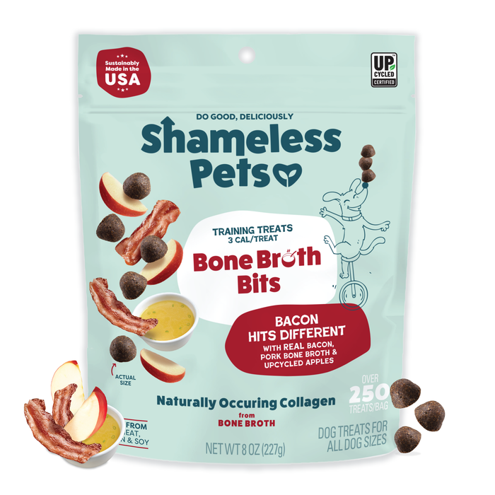 A bag of Shameless Pets Bacon Hits Different Bone Broth Training Treats for all dog sizes, with bacon and apple slices on a light blue package; over 250 collagen-rich chews per bag.