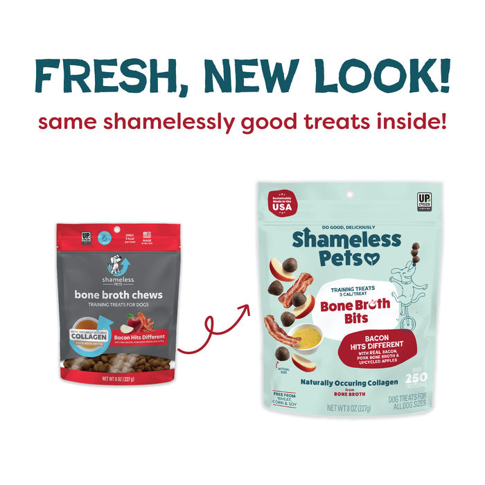 Two bags of dog treats are shown. The left bag is the old design, while the right features Shameless Pets fresh new look for “Bacon Hits Different Bone Broth Training Treats.” Text above reads, “Fresh, new look!”.