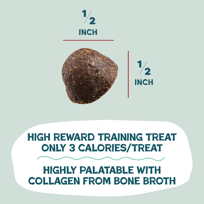 Shameless Pets Bacon Hits Different Bone Broth Training Treats: small, round, brown 1/2x1/2 chews—high reward, just 3 calories each. Made with highly palatable bacon and collagen from bone broth.
