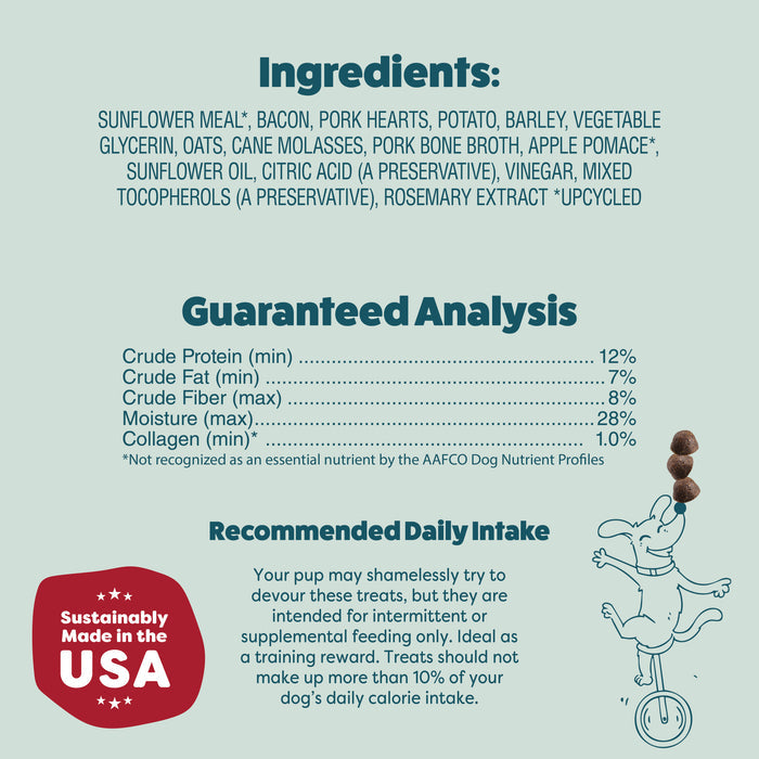 Discover Bacon Hits Different Bone Broth Training Treats by Shameless Pets—collagen-rich chews with nutritional info, recommended daily intake, Sustainably Made in the USA badge, and a happy dog balancing treats illustration.