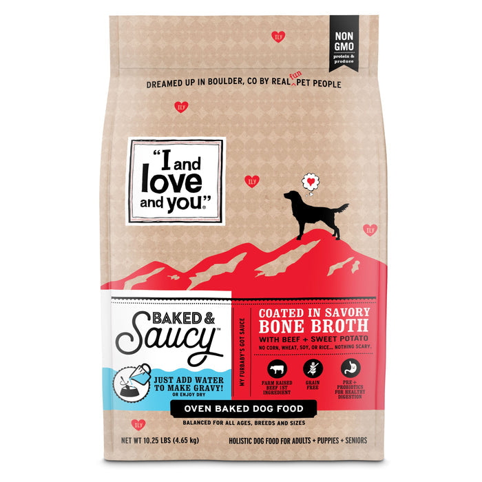 A 10.25 lb package of I and Love and Yous Baked & Saucy Dog Food - Beef Recipe features a mountain design with a dog silhouette. Made in the USA with farm-raised chicken, beef, sweet potatoes, savory bone broth, its grain-free and non-GMO.