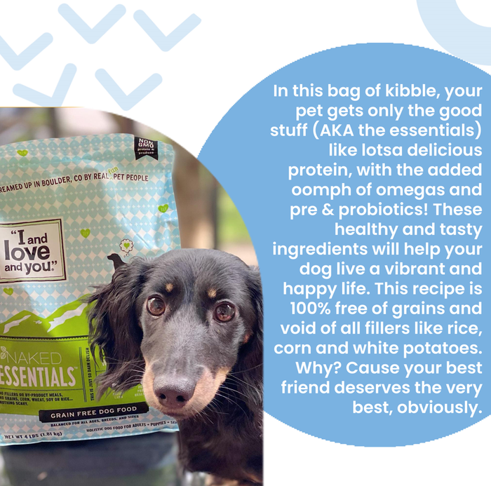 A dog sits in front of a bag of grain-free dog food labeled "I and Love and You Naked Essentials." The packaging highlights benefits like high protein, omega oils, and prebiotics, promoting a grain-free diet free of rice, corn, and white potatoes.