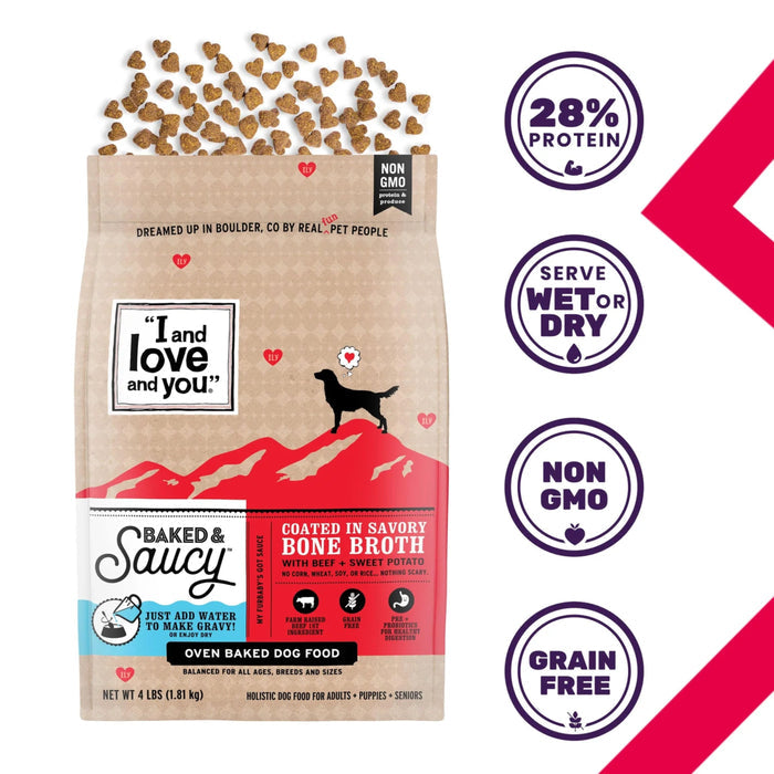 Bag of "I and love and you" Baked &amp; Saucy dog food. Features bone broth coating with beef and sweet potato. Highlights include 28% protein, non-GMO, and grain-free. Icons show it can be served wet or dry. Kibble pieces are spilling out.
