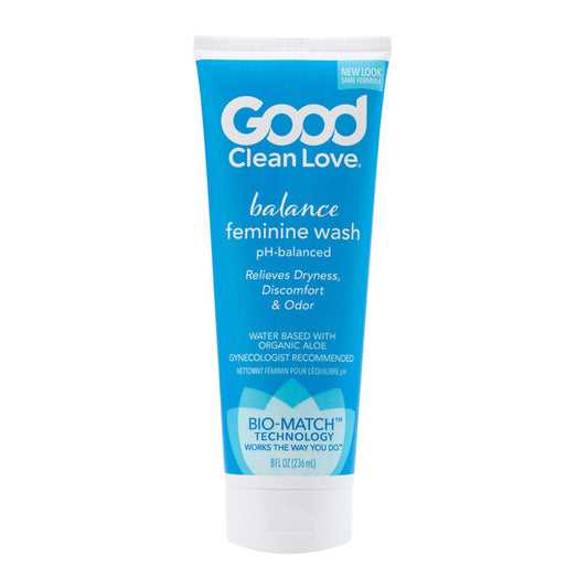 The Balance Moisturizing Wash by Good Clean Love, in a blue 8 fl oz (236 ml) tube, uses the Bio Match™ formula with organic aloe. This pH-balanced botanical feminine wash alleviates dryness, discomfort, and odor, and is gynecologist recommended.
