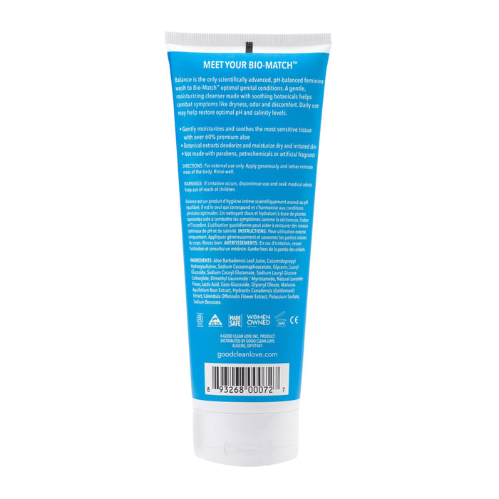 The Good Clean Love Balance Moisturizing Wash has a blue tube labeled Meet Your Bio-Match with white text detailing the Bio Match™ formula and pH-balanced design. Nutritional info, barcode, and a white cap are set against a pristine white backdrop.