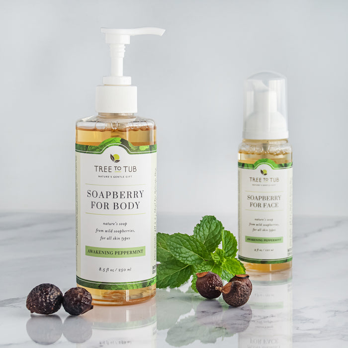 Two bottles of Tree to Tub skincare products rest on a marble surface. The larger is Soapberry for Body with a pump, while the smaller, a foaming facial cleanser ideal for oily skin, is Balancing Tea Tree Face Wash for Oily Skin. Fresh mint leaves and soapberries lie beside them.