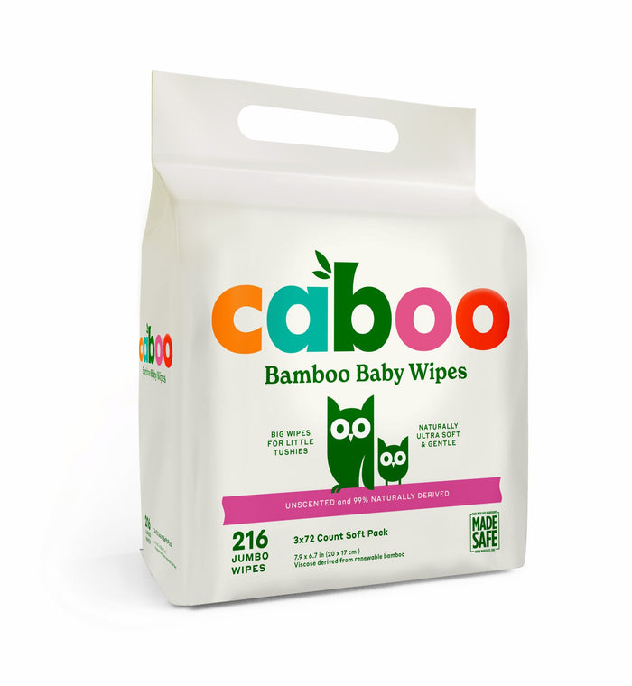 A white Caboo Baby Wipes pack with colorful green, orange, pink, and red lettering marks it as unscented and naturally derived. It includes 216 jumbo wipes and has the MADE SAFE® certified logo in the bottom right corner.