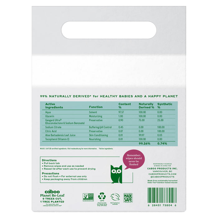 The back of Caboo Baby Wipes packaging lists naturally derived ingredients with functions and percentages, features an owl graphic, and certification logos including MADE SAFE®, emphasizing health and sustainability.